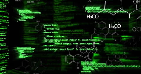 Green programming code and chemical formulas animation over dark background Stock Footage 304850197