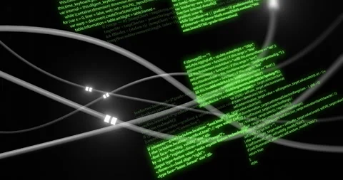 Green programming code animation over abstract white lines on black background Stock Footage 304767321