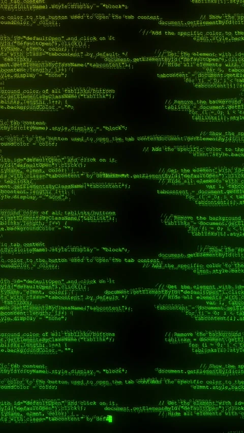 Green programming code blocks mirrored script layers, glowing text, and dark sof Stock Footage 340573244