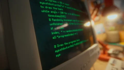 Green Programming Code Running on Black Screen on Old Retro Computer Stock Footage 285885794