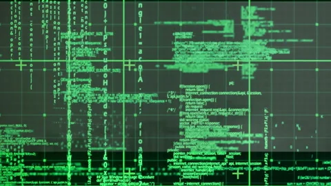Green programming code scrolling on digital console, showing gridline overlays Stock Footage 309105419