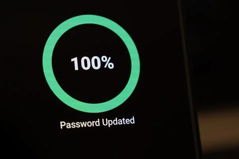 Green progress circle complete at 100 percent with Password Updated text on a Stock Photos