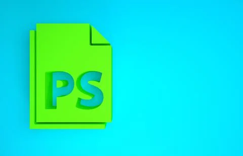 Green PS File document icon isolated on blue background. Minimalism concept.  Illustrazione stock