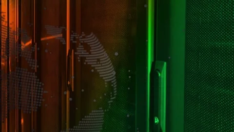 Green pulse initiating network flow toward dotted globe while orange streaks Stock Footage 332936588