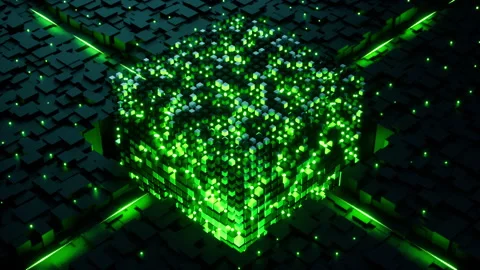 Green pulsing data cube core high performance computing 3D render Stock Footage 320198581