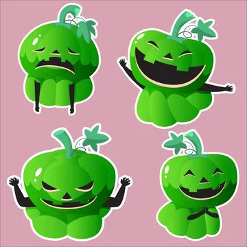 Green pumpkin faces with different emotions halloween festival Stock Illustration