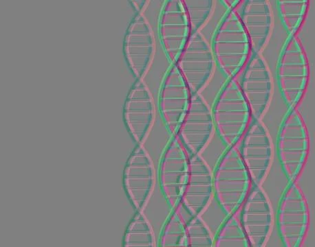 Green-purple DNA molecules structure on gray background with copy space Illustrazione stock