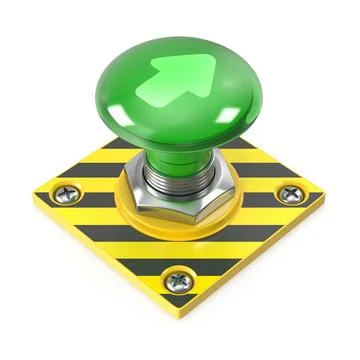 Green push button with upward arrow on a yellow and black base 스톡 일러스트