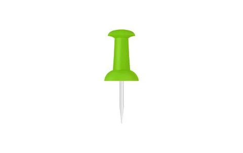 Green pushpin isolated on clean white background with copy space. Classic pla Stock Photos