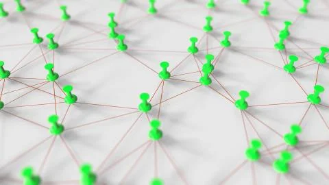 Green pushpins and threads compose a network on a pinboard 3D rendering Stock Illustration