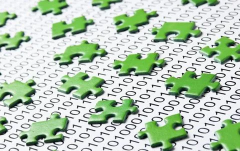 Green puzzles and binary code 스톡 사진