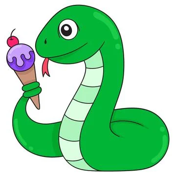Green python holding ice cream cone, doodle icon image kawaii Stock Illustration