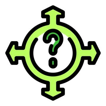 Green question mark surrounded by arrows pointing in all directions, symboliz Ilustração Stock
