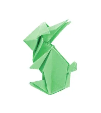A green rabbit origami from paper on white background Stock Illustration