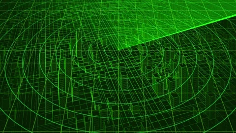 Green radar scan illuminates a wireframe cityscape, advanced digital security Stock Footage 339879230