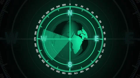 Green Radar Screen with Earth Globe, Compass Rose, and 360 Degree Scale dis.. Stock Footage 337366576