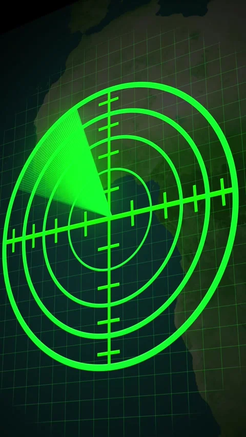 Green radar screen with earth map and targeting sweep. Green radar display .. Stock Footage 344842285