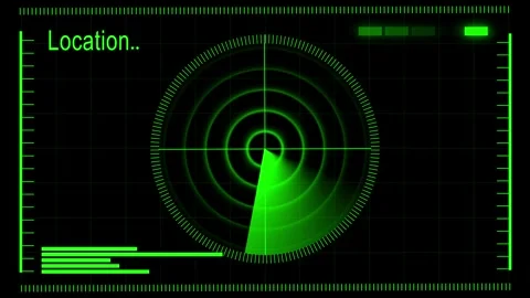 Green radar screen with location text targeting sweep. Green radar screen w.. Stock Footage 336896319