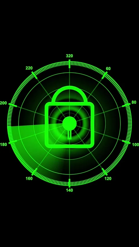 Green Radar Screen with a Lock Symbol and Sweeping Beam on a Black Backgrou.. Stock Footage 337462457