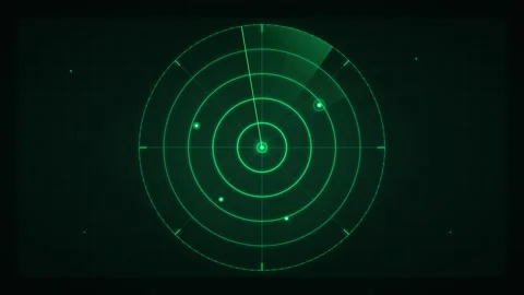 Green radar screen scanning for targets with rotating beam and digital grid Stock Footage 346504163