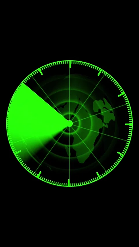Green radar screen visualizes sweeping sector of Earth on black. Radar repr.. Stock Footage 344862526
