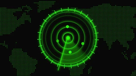 Green Radar Screen with World Map and Target Indicators on a Black Backgrou.. Stock Footage 330346581
