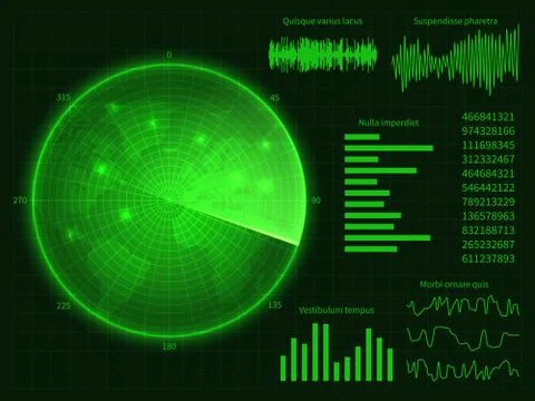 Green radar screen with world map. Digital hud interface vector illustration Stock Illustration