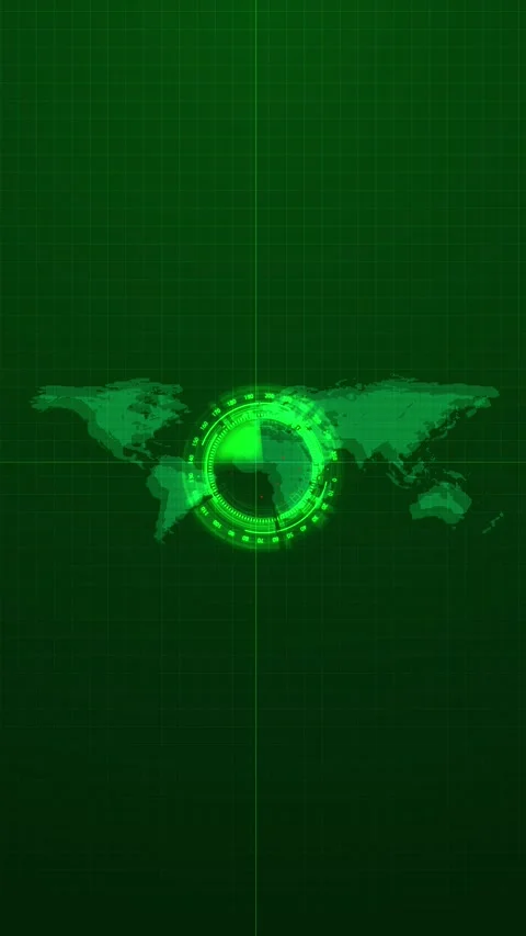 Green radar world map dotted global continents, scanning HUD circle, grid lines, Stock Footage 340526903
