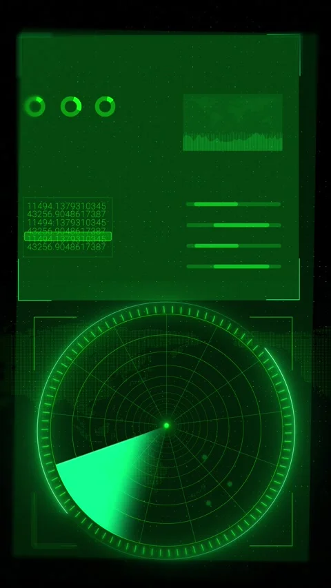 Green radar world map interface scanning sweep, data panels, glowing targets, mi Stock Footage 340564492