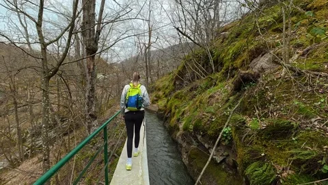 Green railing lines path beside mossy banks. Vucjanka Canyon, Serbia Vidéo 332171864