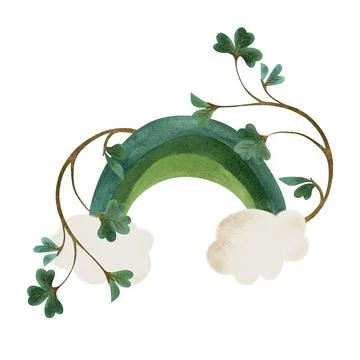 A green rainbow and two clouds entangled with clover shamrock. Stock Illustration