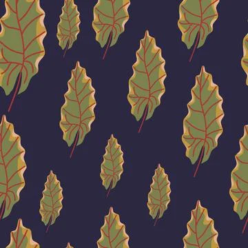 Green random doodle leaf ornament seamless pattern. Navy blue background. Nat Stock Illustration