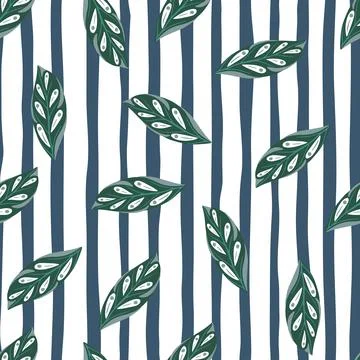 Green random leaf silhouettes seamless pattern. Blue and white striped backgr Stock Illustration