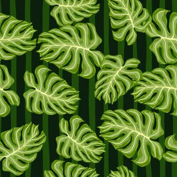 Green random palm leaf silhouettes seamless doodle pattern. Striped backgroun Illustrazione stock