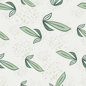 Green random seamless pattern with doodle leaf outline shapes. Grey backgroun Stock Illustration