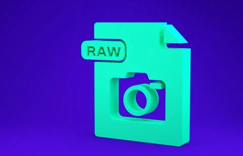 Green RAW file document. Download raw button icon isolated on blue background Stock Illustration