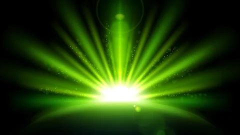 Green Rays with Lens Flare Isolated on Black Background. Widescreen Resolut.. Stock Illustration
