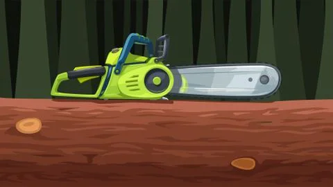 Green realistic side view chainsaw on tree Stock Illustration