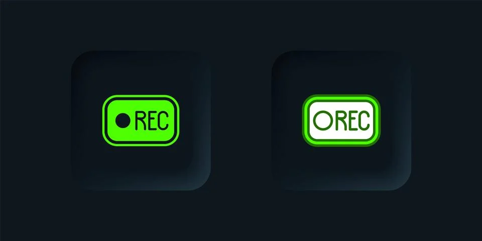 Green Record button icon isolated on black background. Rec button. Black sq.. Stock Illustration
