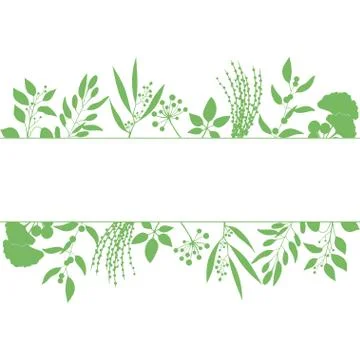 Green rectangle frame with collection of plants. Silhouette of branches isolated Stock Illustration