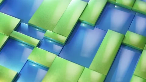 Green rectangular bars are smoothly sliding and rotating on a vibrant blue Stock Footage 310439157