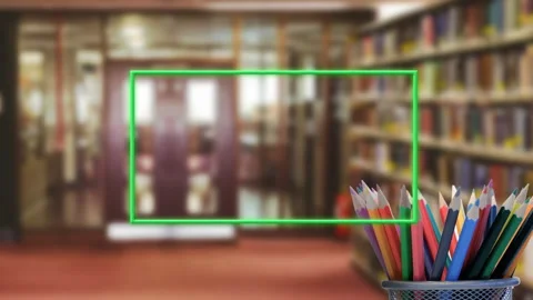 Green rectangular frame animating over blurred library background with colored Stock Footage 304021948