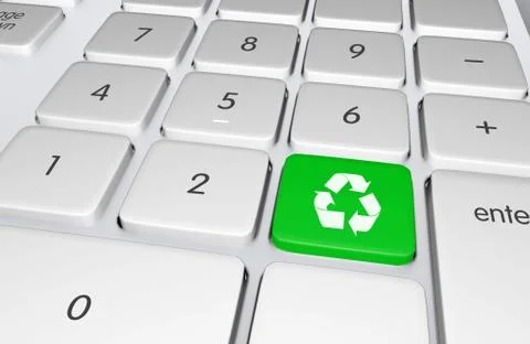 Green recycling button on the keyboard. push to recycle! ecology online educa Stock Illustration