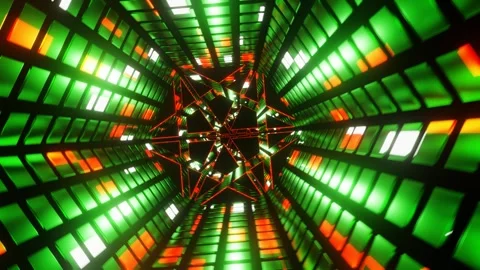 Green with Red and White Sci-Fi Neon Glow Hexagonal Tunnel in 4K Stock Footage 248900407