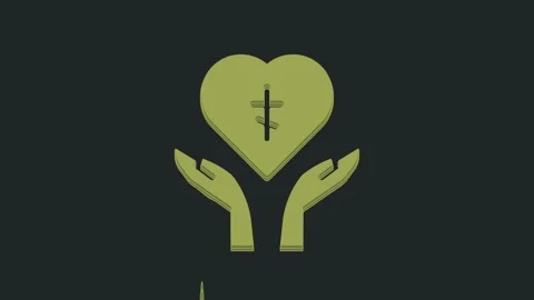 Green Religious cross in the heart inside icon isolated on black background Vidéo 235591231