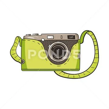 Green retro camera in cartoon style. Single object isolated on white background Stock Illustration