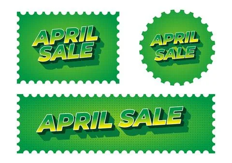Green retro comic style april sale badges in three perforated stamp shapes .. Stock Illustration