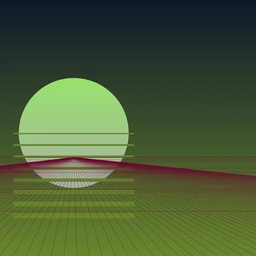 Green Retro Synthwave Landscape with Large Sun and Digital Perspective Grid.. Stock Illustration