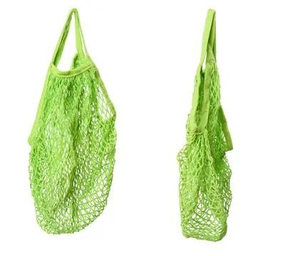 Green reusable string bag woven from thread isolated on white background g... Stock Photos