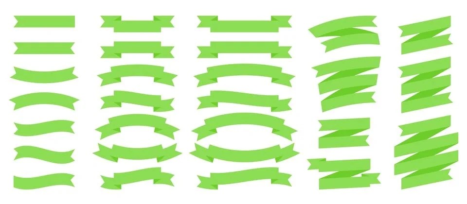 Green Ribbon Banner Set in Various Styles for Labels, Badges, Logos, and Stock Illustration